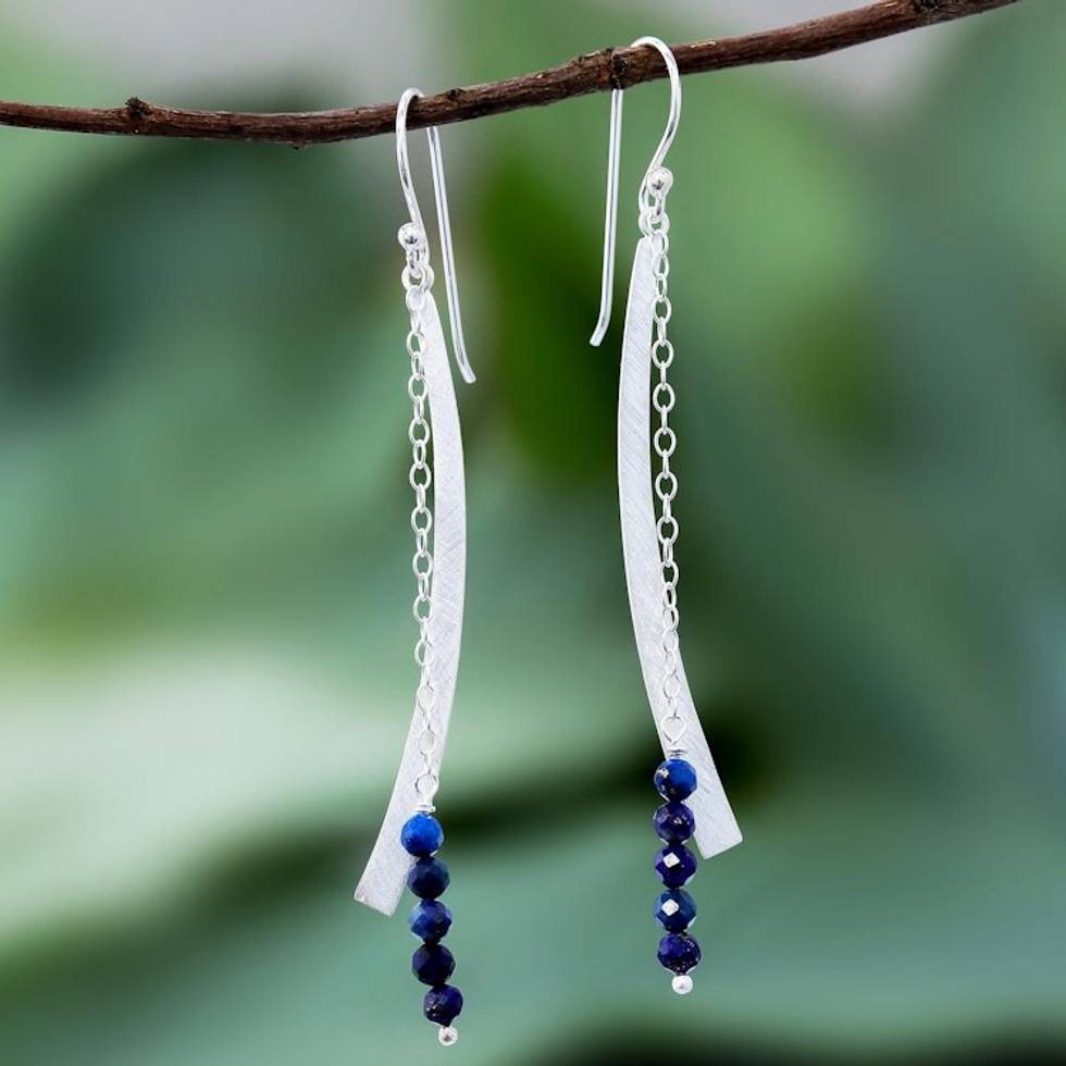 Modern Lapis Lazuli Beaded Dangle Earrings from Thailand 'Bright Curve'