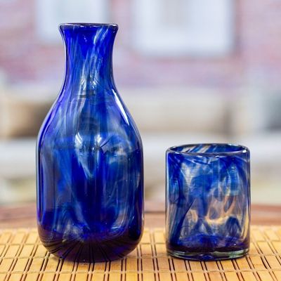 Alternate image for Cobalt Handblown Recycled Glass Carafe and Cup Set Pair Cobalt Allure