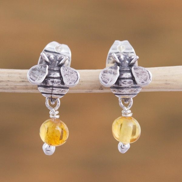Alternate image for Sterling Silver Amber Honeybee Post Earrings Crafted Mexico Busy Bees