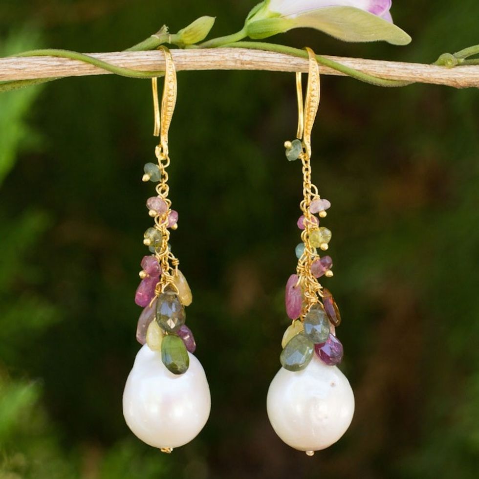 Multicolor Tourmaline and Pearls on Gold Plated Earrings 'Thai Vineyard'