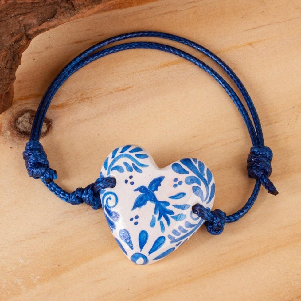 Talavera Style Blue White Bird Papier Mache Heart Bracelet 'Blue Talavera'