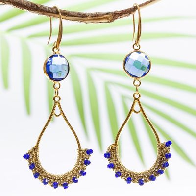 Alternate image for Gold Plated Brass and Crystal Bead Earrings Gold and Blue