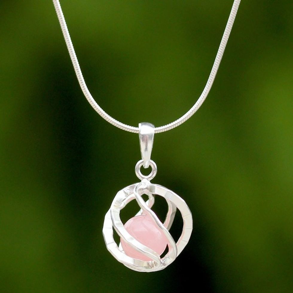 Sterling Silver Rose Quartz Pendant Necklace from Thailand 'Pink Orb of Energy'