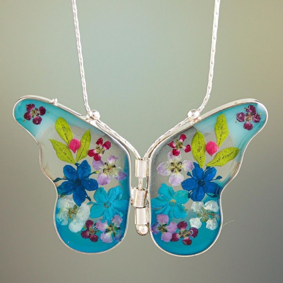 Sterling Silver and Dried Flower Blue Butterfly Necklace 'Blue Mexican Butterfly'