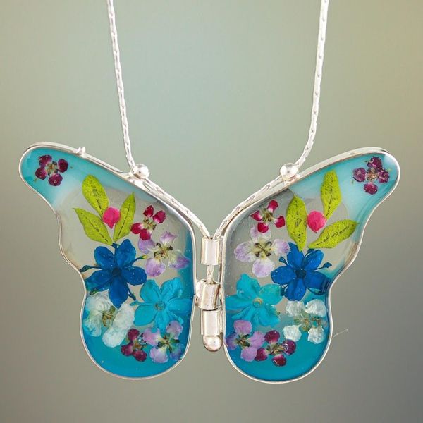 Alternate image for Sterling Silver and Dried Flower Blue Butterfly Necklace Blue Mexican Butterfly