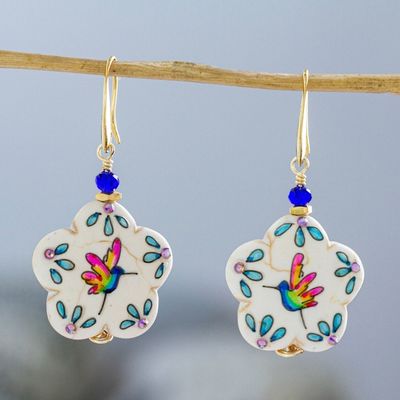 Alternate image for Flower-Shaped Marble Hummingbird Earrings Hummingbird Flower