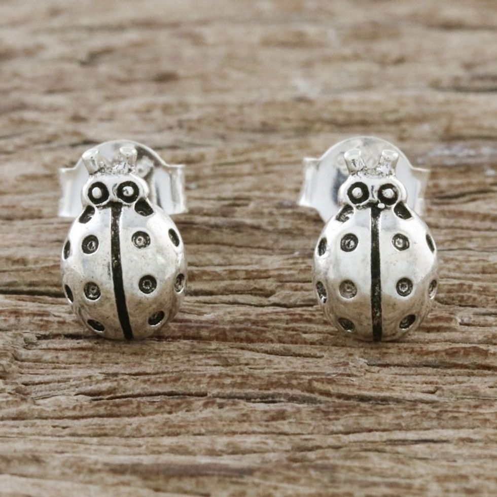 Sterling Silver Ladybug Stud Earrings from Thailand 'Cute Ladybugs'