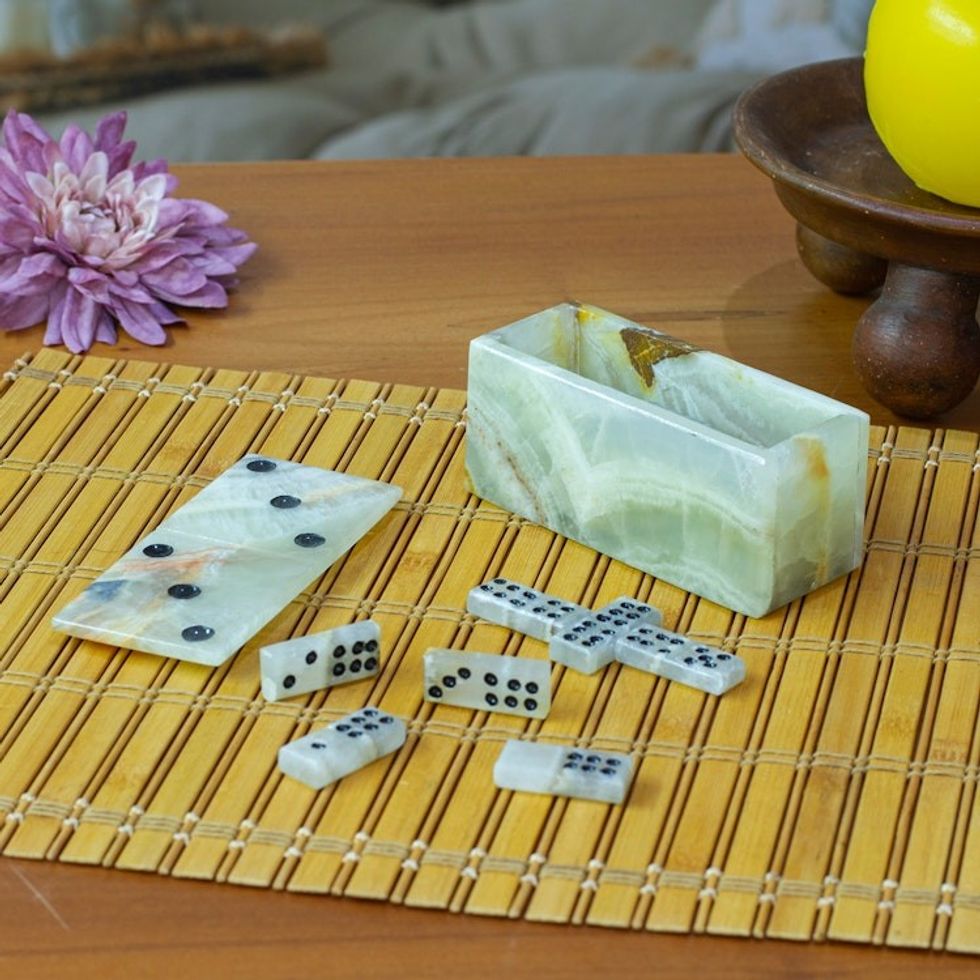 Handcrafted Onyx and Marble Domino Set from Mexico 'Precious Strategy'