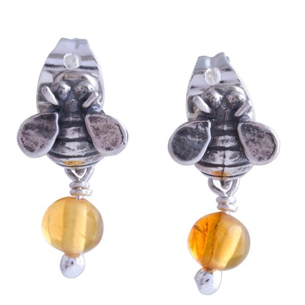 Alternate image for Sterling Silver Amber Honeybee Post Earrings Crafted Mexico Busy Bees