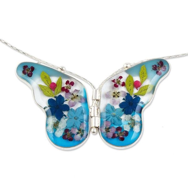 Alternate image for Sterling Silver and Dried Flower Blue Butterfly Necklace Blue Mexican Butterfly