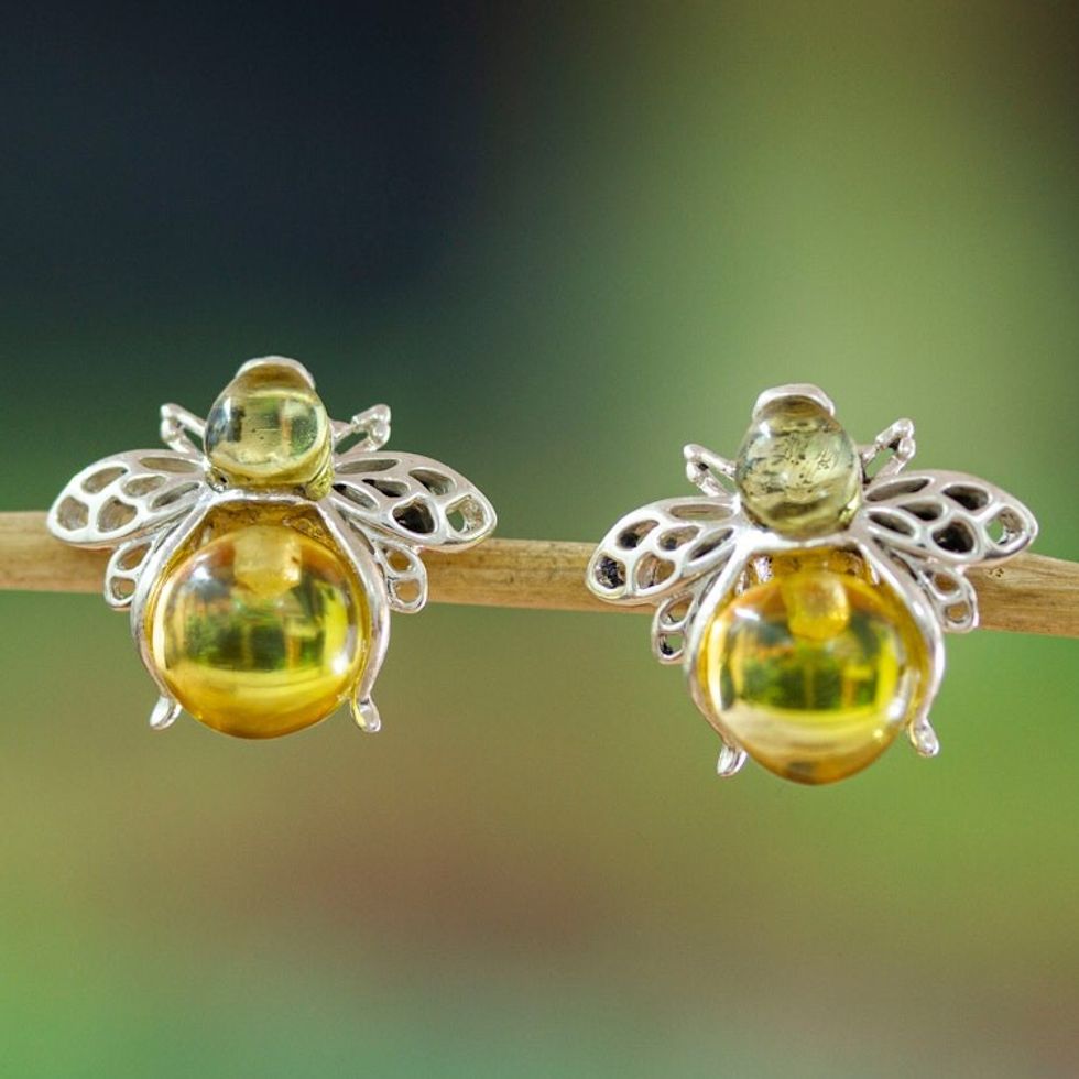 925 Silver Amber Bee Button Earrings with Openwork Accents 'Bubbly Bee'