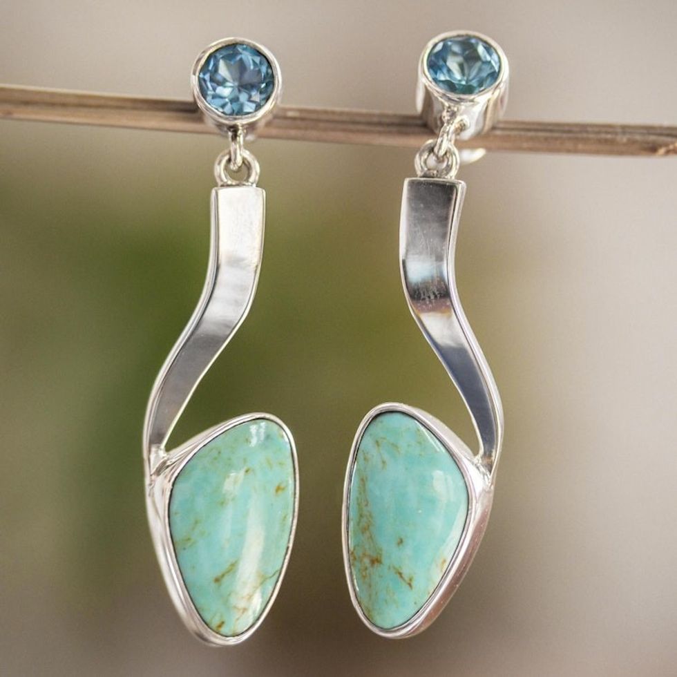 Turquoise and Blue Topaz Silver Drop Earrings from Mexico 'Western Skies'
