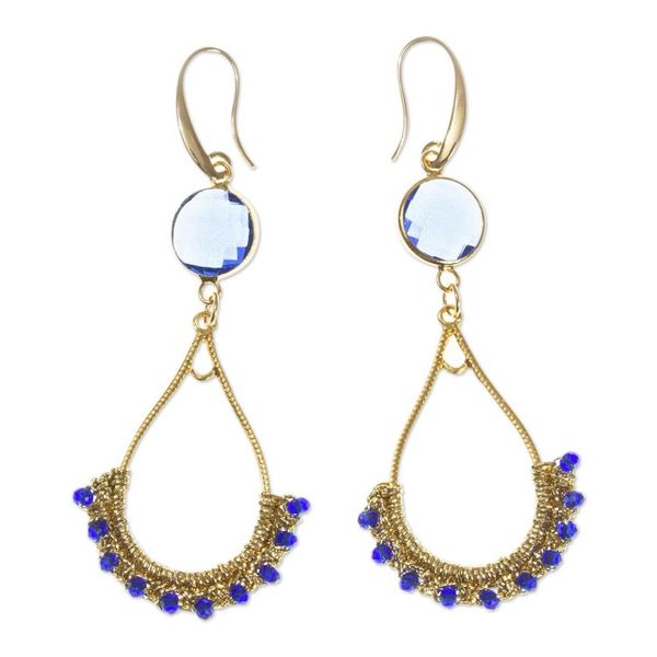 Alternate image for Gold Plated Brass and Crystal Bead Earrings Gold and Blue