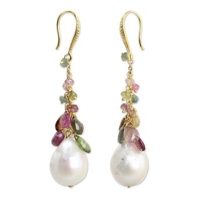 Alternate image for Multicolor Tourmaline and Pearls on Gold Plated Earrings Thai Vineyard