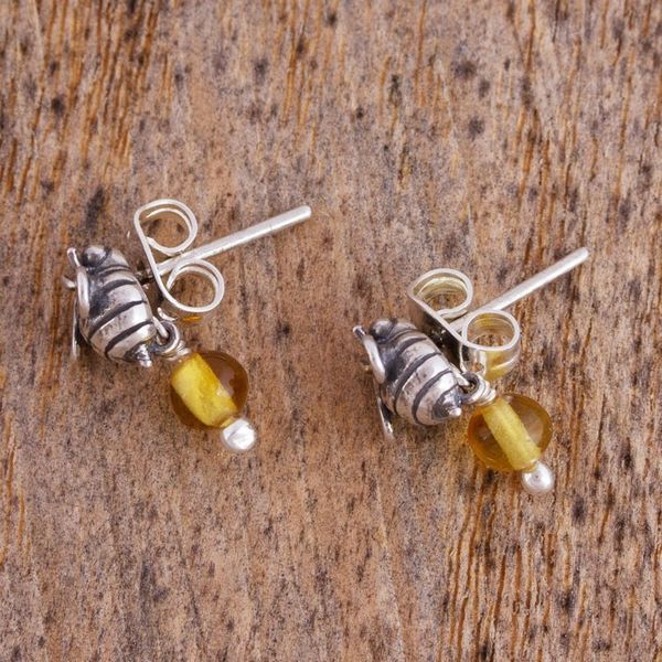 Alternate image for Sterling Silver Amber Honeybee Post Earrings Crafted Mexico Busy Bees