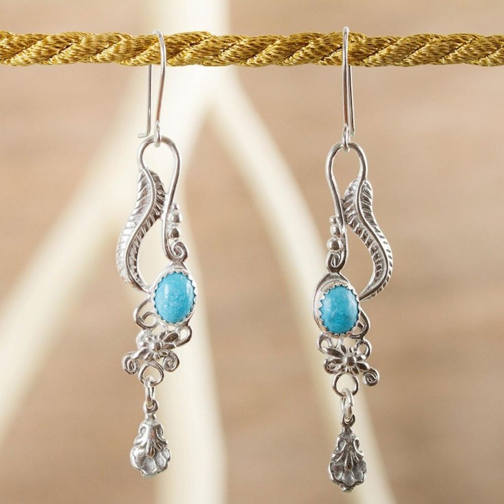 Fair Trade Floral Earrings of Silver with Natural Turquoise 'Daydream'