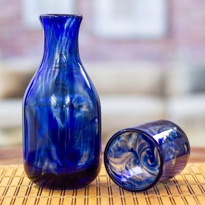 Alternate image for Cobalt Handblown Recycled Glass Carafe and Cup Set Pair Cobalt Allure
