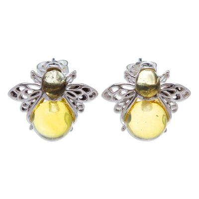 Alternate image for 925 Silver Amber Bee Button Earrings with Openwork Accents Bubbly Bee