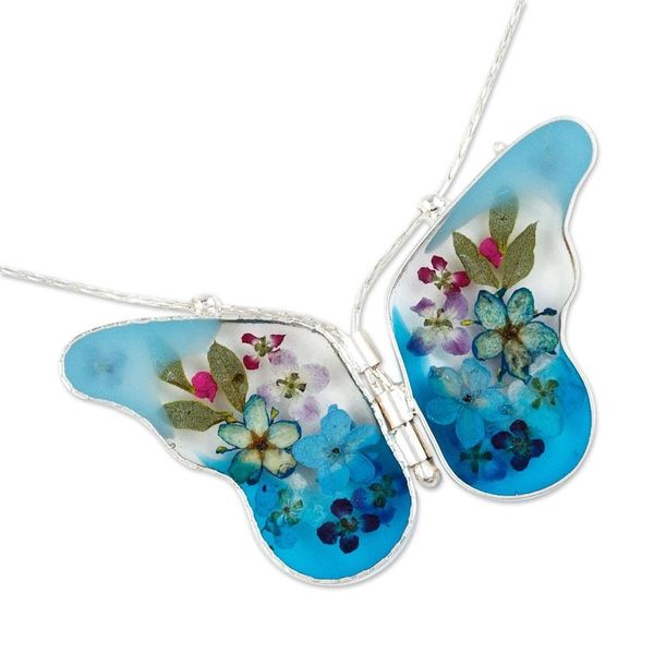Alternate image for Sterling Silver and Dried Flower Blue Butterfly Necklace Blue Mexican Butterfly