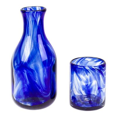 Alternate image for Cobalt Handblown Recycled Glass Carafe and Cup Set Pair Cobalt Allure