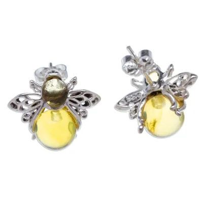 Alternate image for 925 Silver Amber Bee Button Earrings with Openwork Accents Bubbly Bee