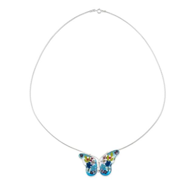 Alternate image for Sterling Silver and Dried Flower Blue Butterfly Necklace Blue Mexican Butterfly