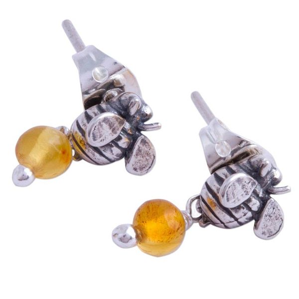 Alternate image for Sterling Silver Amber Honeybee Post Earrings Crafted Mexico Busy Bees