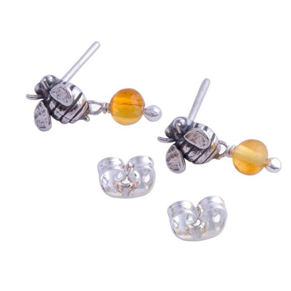 Alternate image for Sterling Silver Amber Honeybee Post Earrings Crafted Mexico Busy Bees