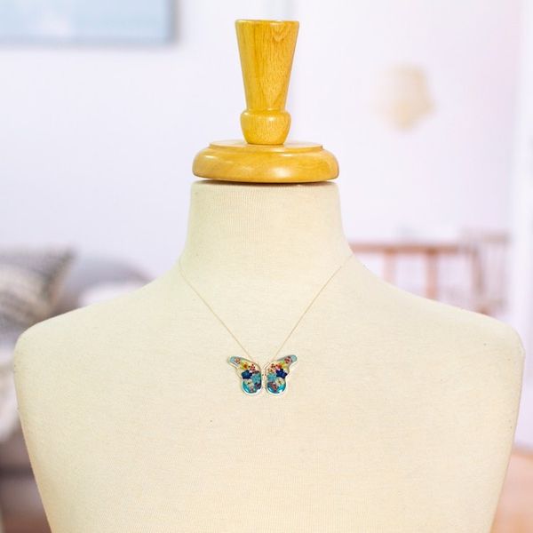 Alternate image for Sterling Silver and Dried Flower Blue Butterfly Necklace Blue Mexican Butterfly
