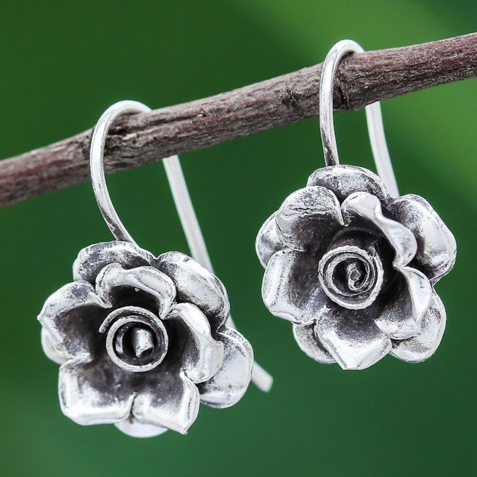 Rose Theme Thai Karen Hill Tribe Silver Drop Earrings 'Hill Tribe Roses'