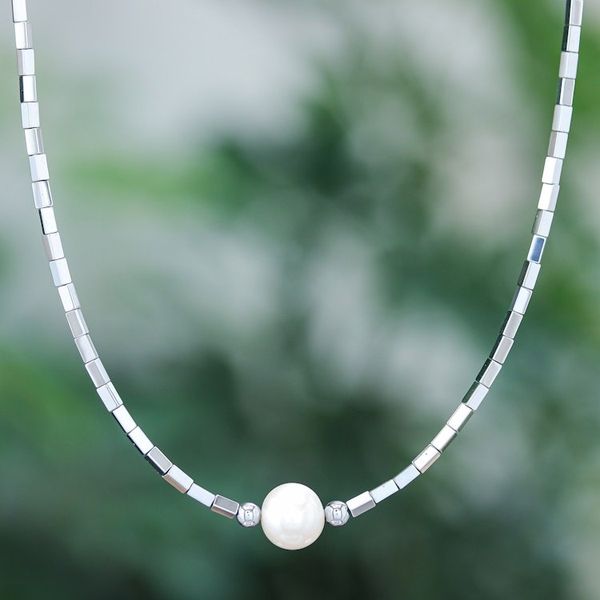Alternate image for Hematite Beaded Necklace with Pink Cultured Pearl Pendant The Magic of Compassion