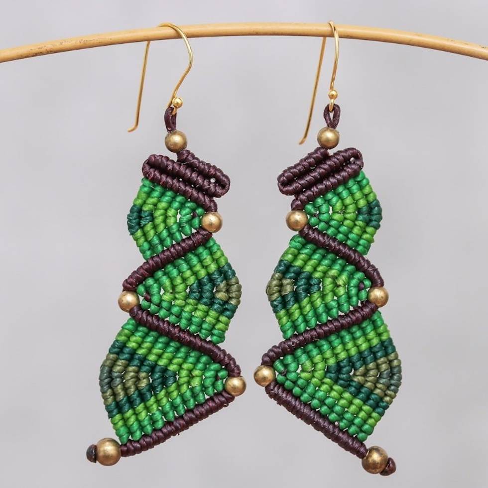 Zigzag Pattern Hand-Knotted Dangle Earrings in Green 'Zigzag Dream in Green'