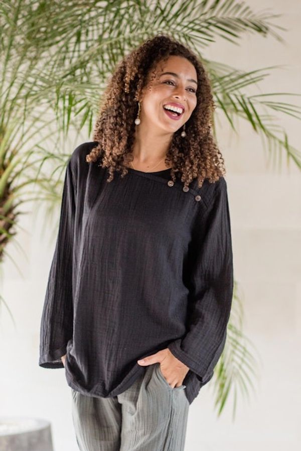 Alternate image for Long-Sleeve Cotton Gauze Blouse from Thailand Modern Look in Black