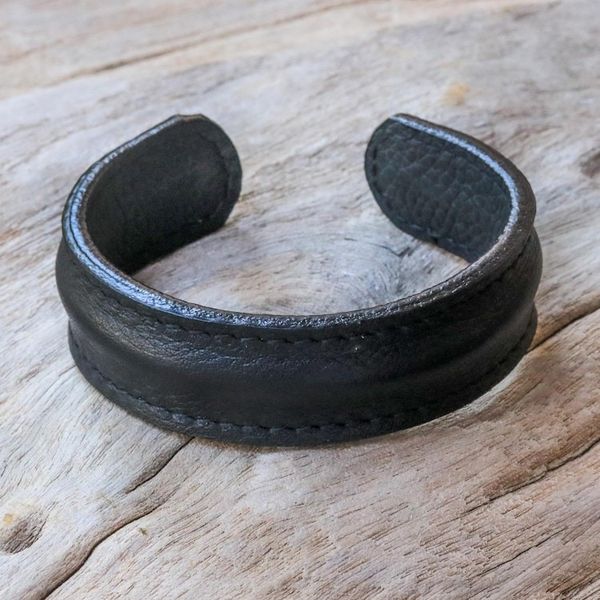 Alternate image for Handcrafted Black Leather Mens Cuff Bracelet from Thailand Basic Black