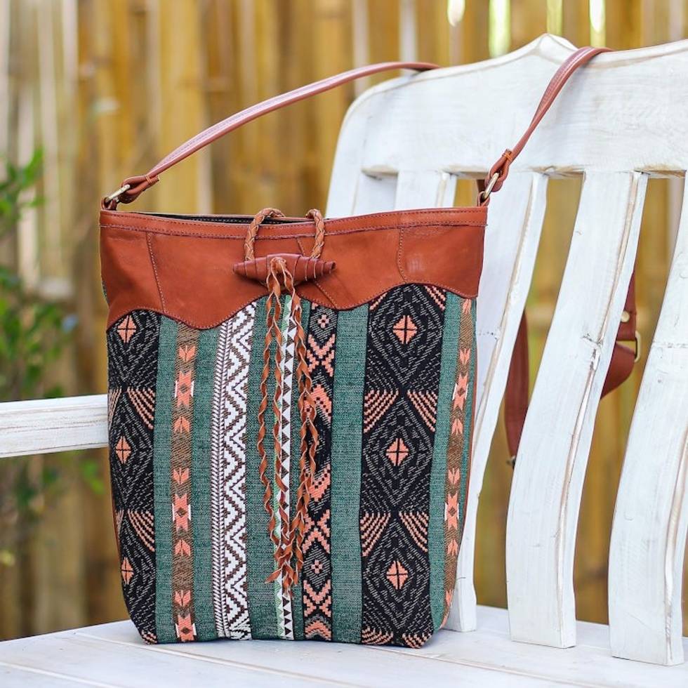 Thai Cotton Blend Sling Bag with Leather Strap 'Joyful Journey in Green'