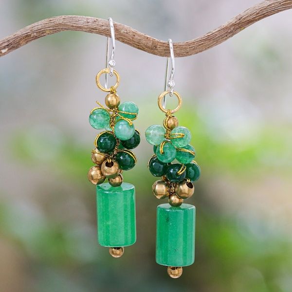 Alternate image for Quartz and Brass Beaded Dangle Earrings with Silver Hooks Green Touch