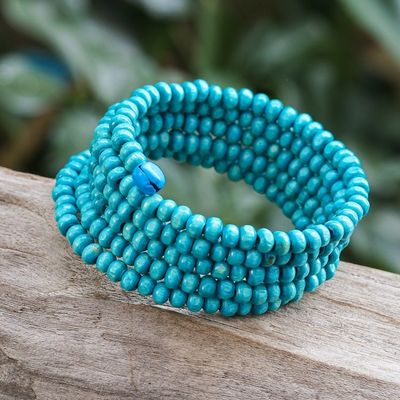 Alternate image for Handcrafted Blue Wood Beaded Wrap Bracelet with Bells 1 In Blue Spin