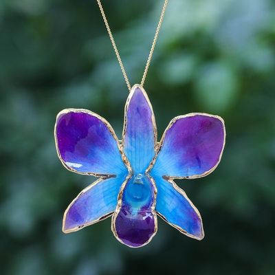 Alternate image for Gold-Plated Blue Orchid Petal Pendant Necklace and Brooch Orchid Magic in Blue
