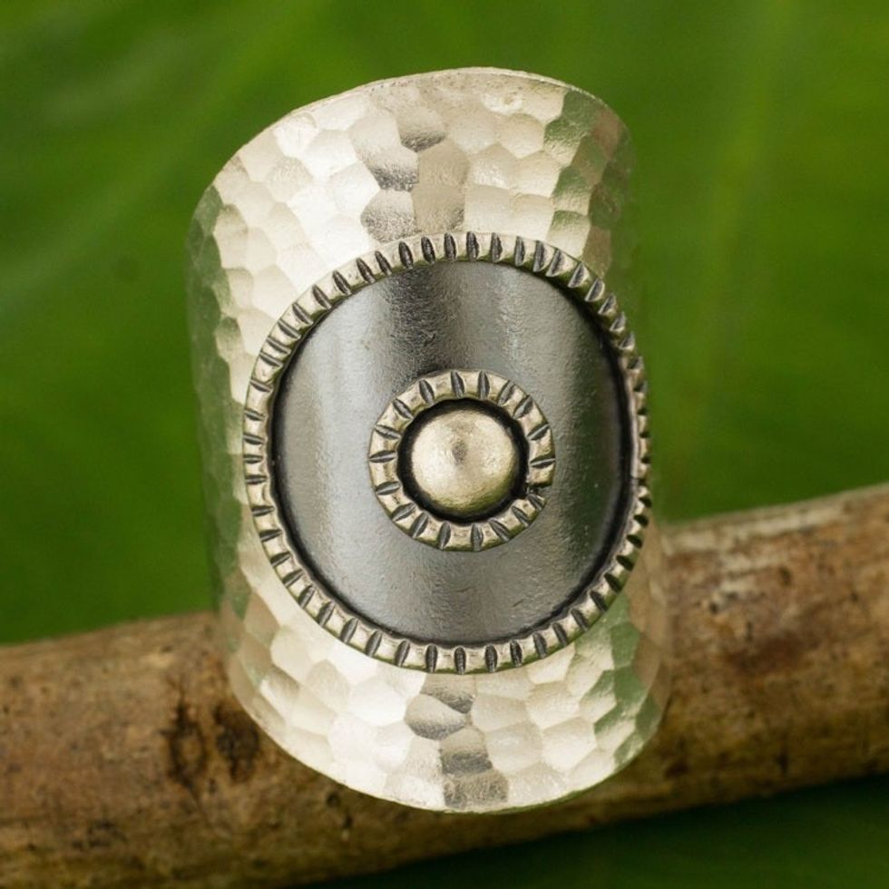 Artisan Made Thai Silver Wrap Ring with Oxidized Finish 'Silver Sun'