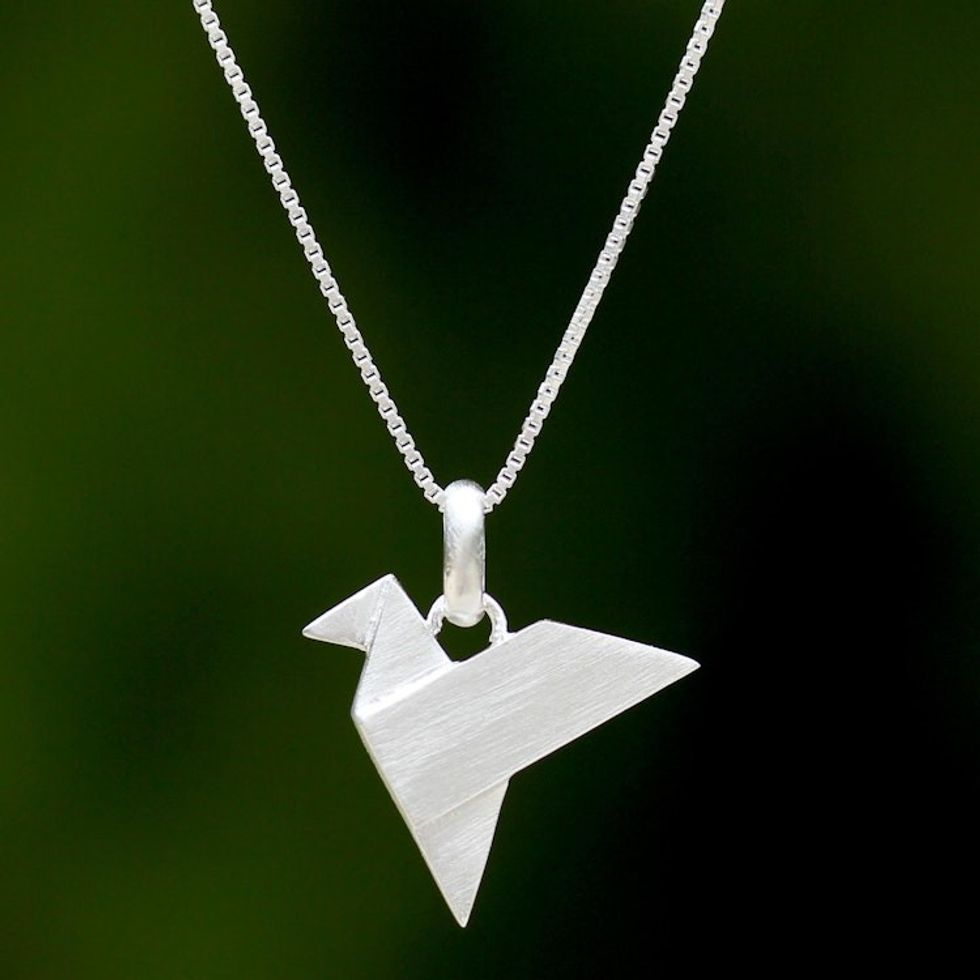 Origami Bird Sterling Silver Pendant Necklace from Thailand 'Origami Flight'