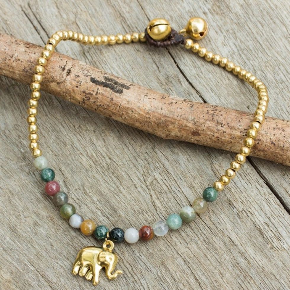 Elephant Charm Agate and Beaded Brass Anklet 'Stylish Elephant'