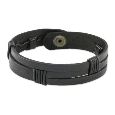 Alternate image for Mens Black Leather Wristband Bracelet with Brass Snap Commander in Black