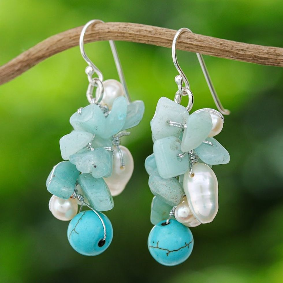 Beaded Cultured Pearl and Blue Quartz Earrings 'Phuket Beach'