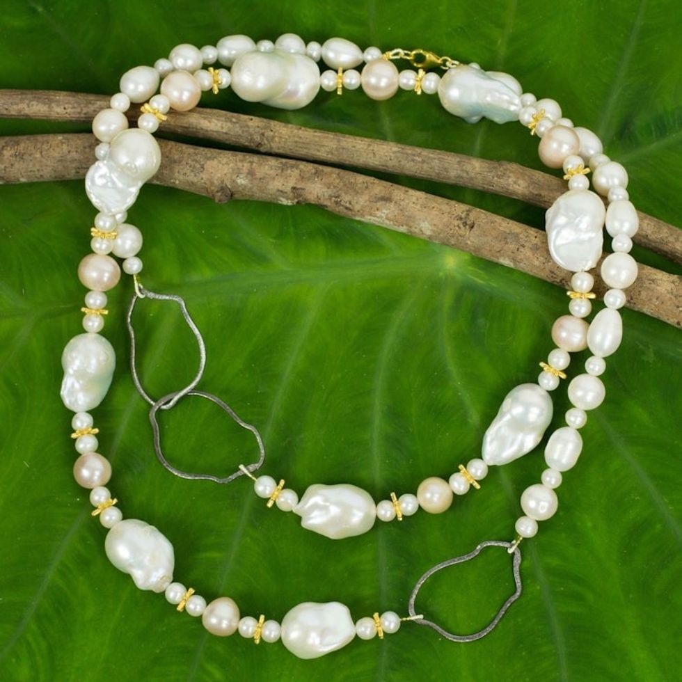 White Pearl Necklace with Sterling Silver and 24k Gold Plate 'Exotic Muse'