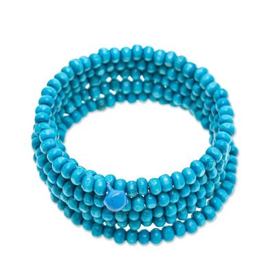 Alternate image for Handcrafted Blue Wood Beaded Wrap Bracelet with Bells 1 In Blue Spin