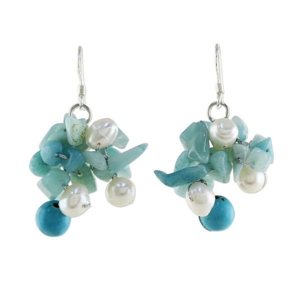 Alternate image for Beaded Cultured Pearl and Blue Quartz Earrings Phuket Beach