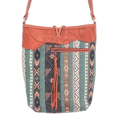 Alternate image for Thai Cotton Blend Sling Bag with Leather Strap Joyful Journey in Green