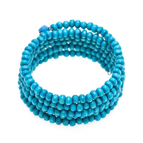 Alternate image for Handcrafted Blue Wood Beaded Wrap Bracelet with Bells 1 In Blue Spin