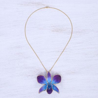 Alternate image for Gold-Plated Blue Orchid Petal Pendant Necklace and Brooch Orchid Magic in Blue
