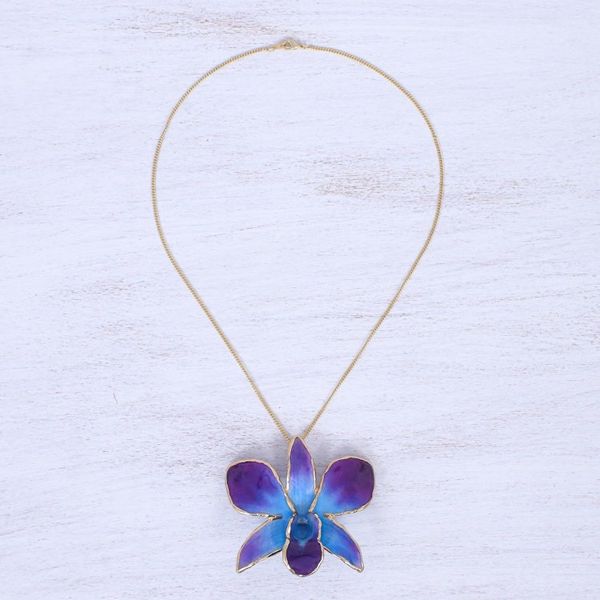 Alternate image for Gold-Plated Blue Orchid Petal Pendant Necklace and Brooch Orchid Magic in Blue